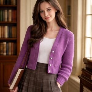 Talbots Wool Cropped Deep Purple Cardigan Sz L Button Front Gilmore Girls Office